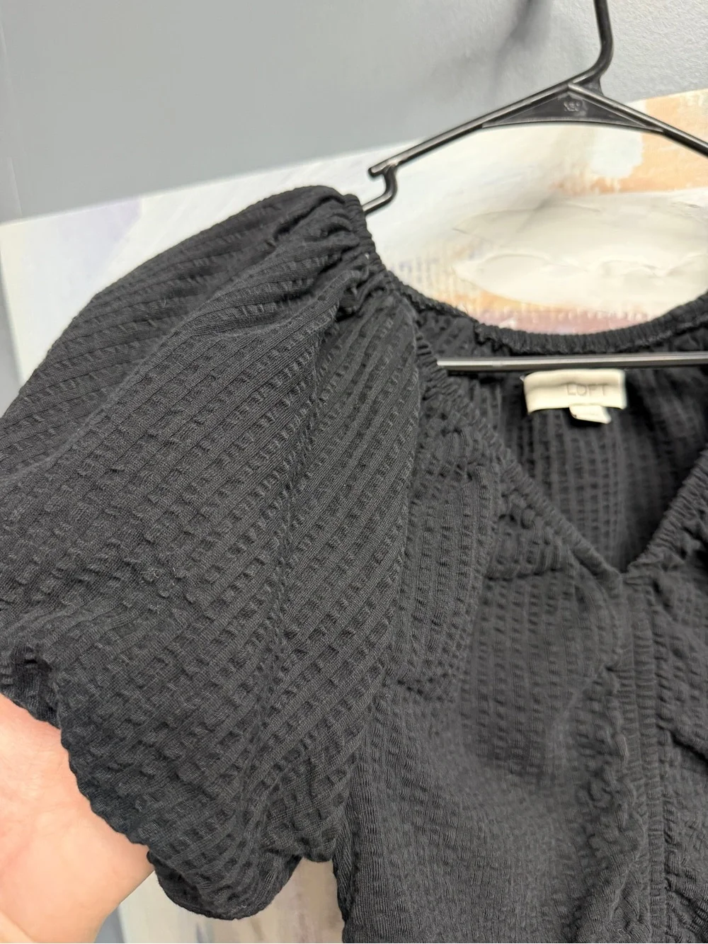 LOFT 100% Cotton Black Textured Puff Sleeve V Neck Blouse Ruched Short Sleeve